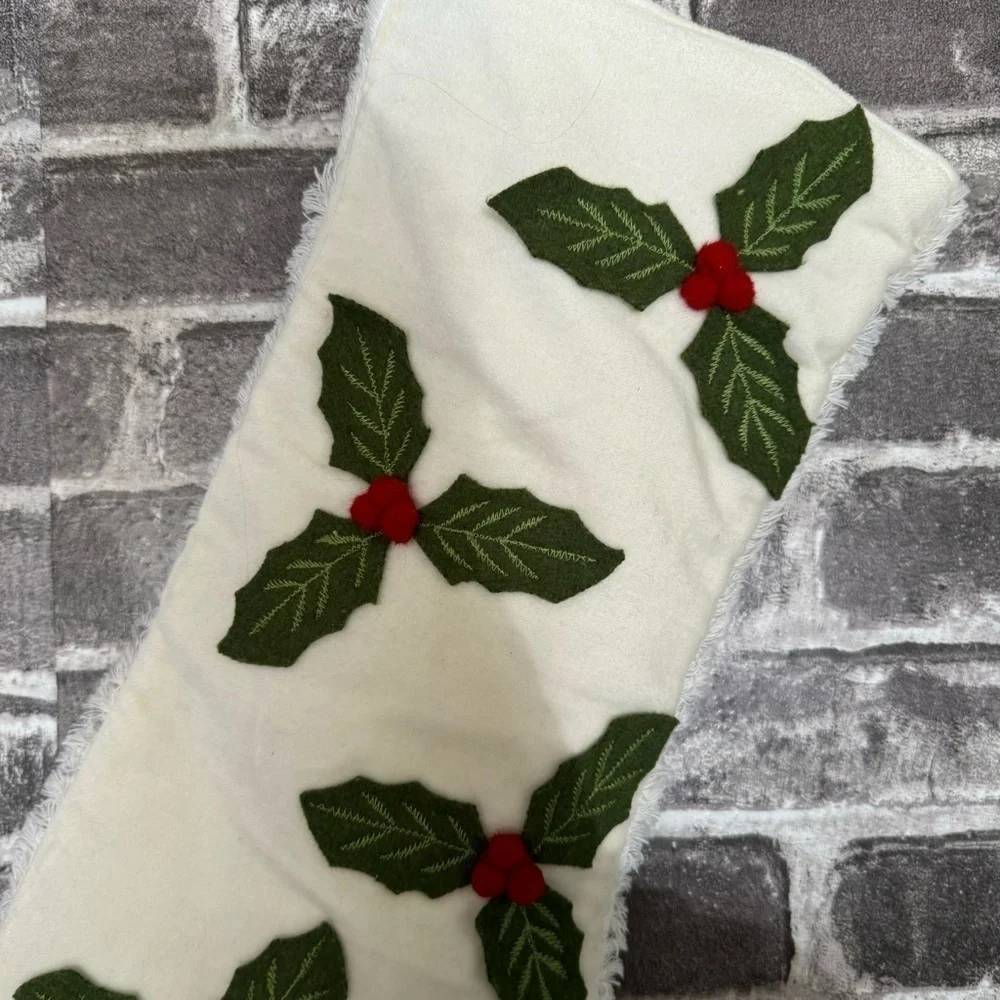 NWT Pier 1 Christmas stocking White green holly leaves